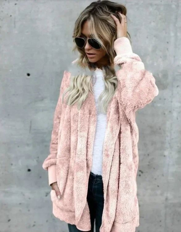 Winter Doppel Fleece Strickjacke Jacke Herbst Frauen Einfarbig Langarm Plüsch Warme Mit Kapuze Dame Jacke Übergroßen Oberbekleidung Mantel – Detail 10