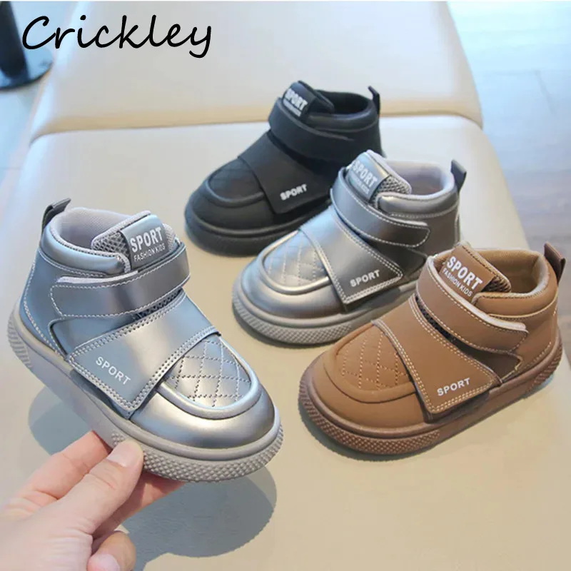 

2025 Solid Children Sneakers PU Leather Boys Girls Casual Shoes Fashion Hook Loop Soft Sole Toddler Kids High Top Shoes