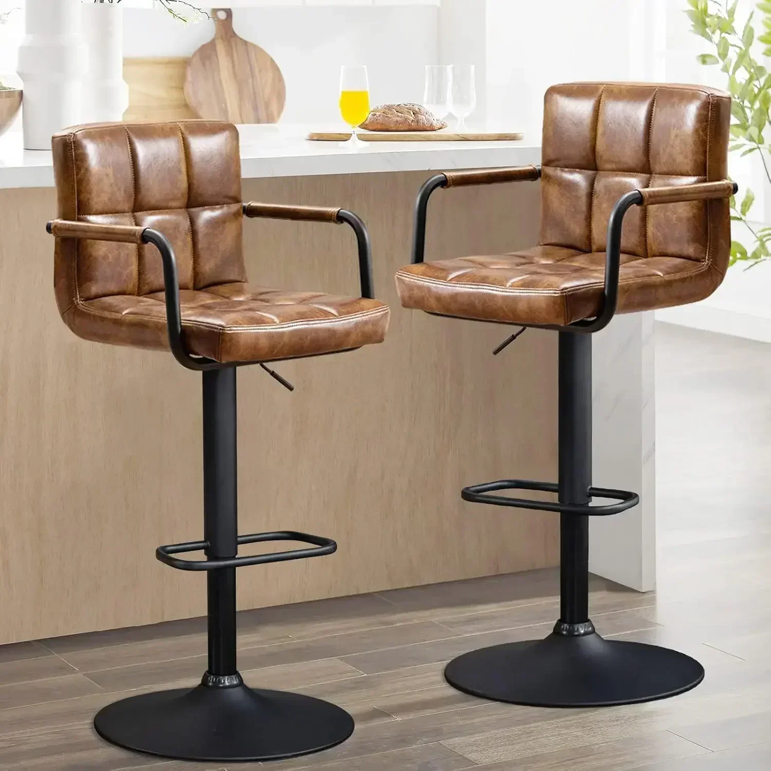 Adjustable Bar Stool Swivel Barstools Set of 4 Counter Stools with Armrest and Footrest Upholstered Bar Chairs