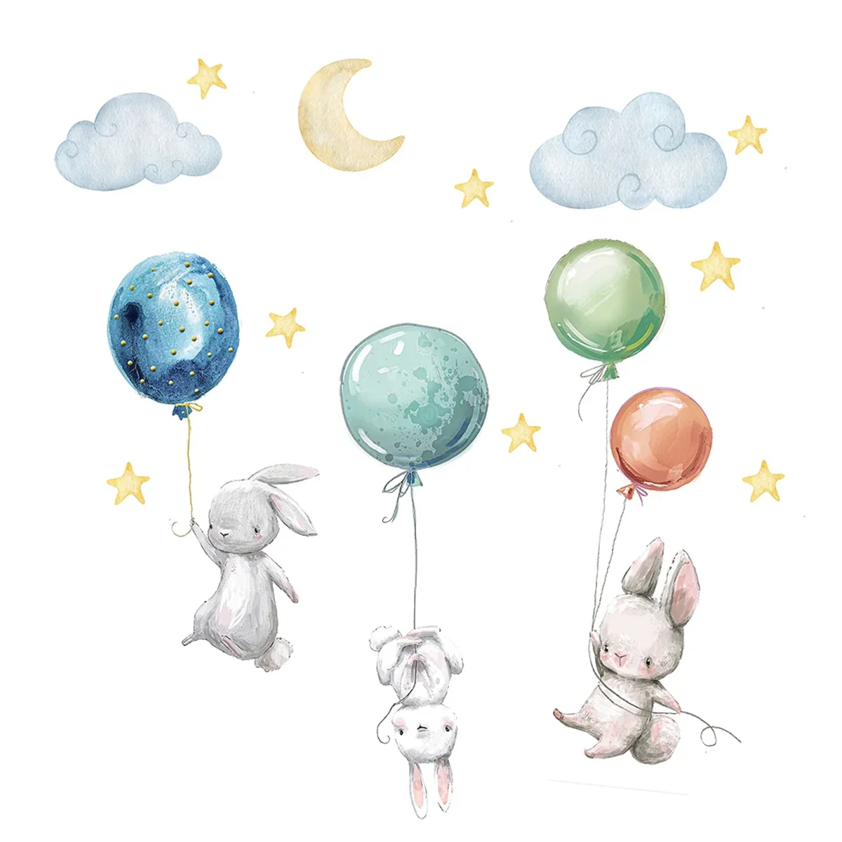 Cute Lovely Flying Rabbits Wall Stickers Balloons Moon Star Cloud Removable Decal for Kids Nursery Baby Room Decor Poster Mural