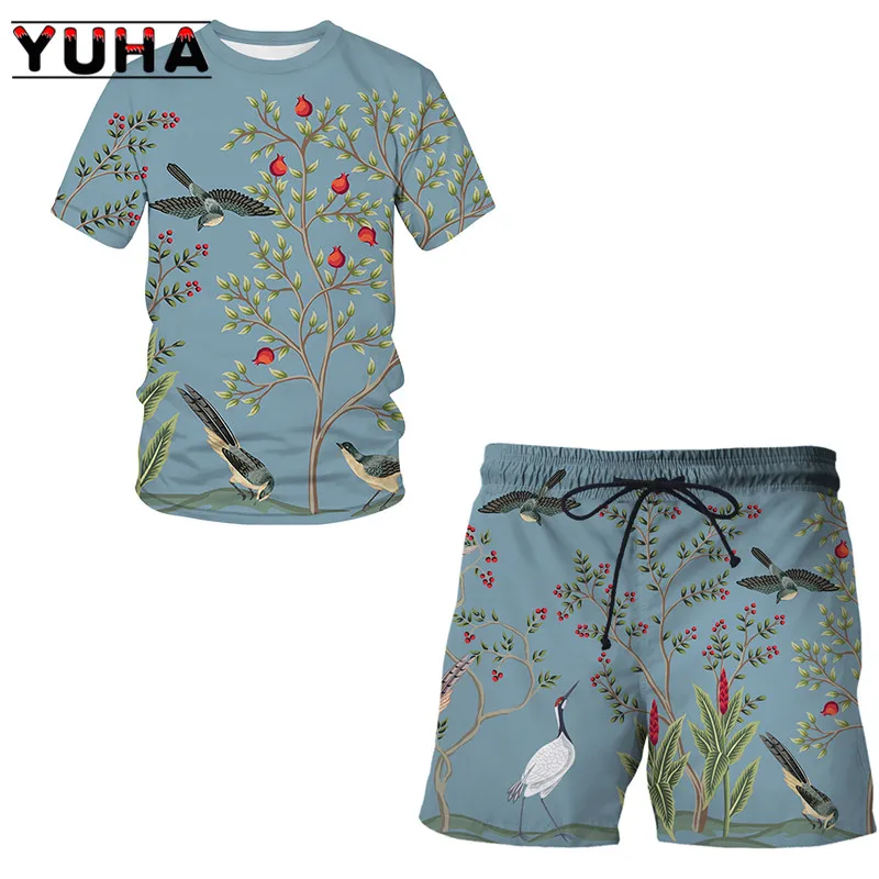 Yuha verão terno 3d flor, pássaro e planta ilustração camiseta shorts hip hop homem/mulher topos roupas crianças manga curta