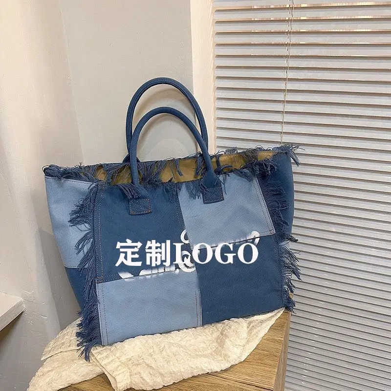 

Cowboy Large Capacity Tote Bag 2024 Cross border Amazon Popular Canvas Letter Handmade Tassel Shoulder Handbag Customized logo