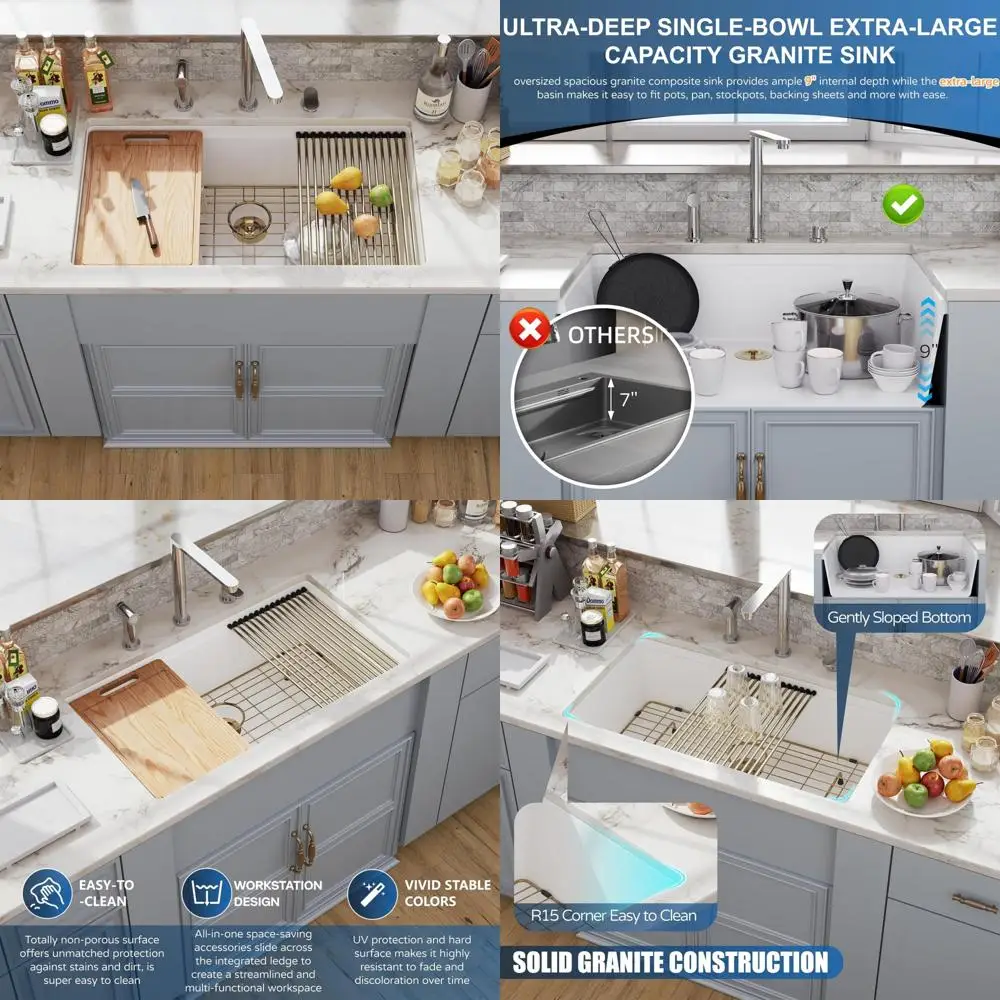 

33 Undermount White Granite Composite Kitchen Sink, Hugsleek Quartz Workstation Ledge, 33x19 Countertop Sink