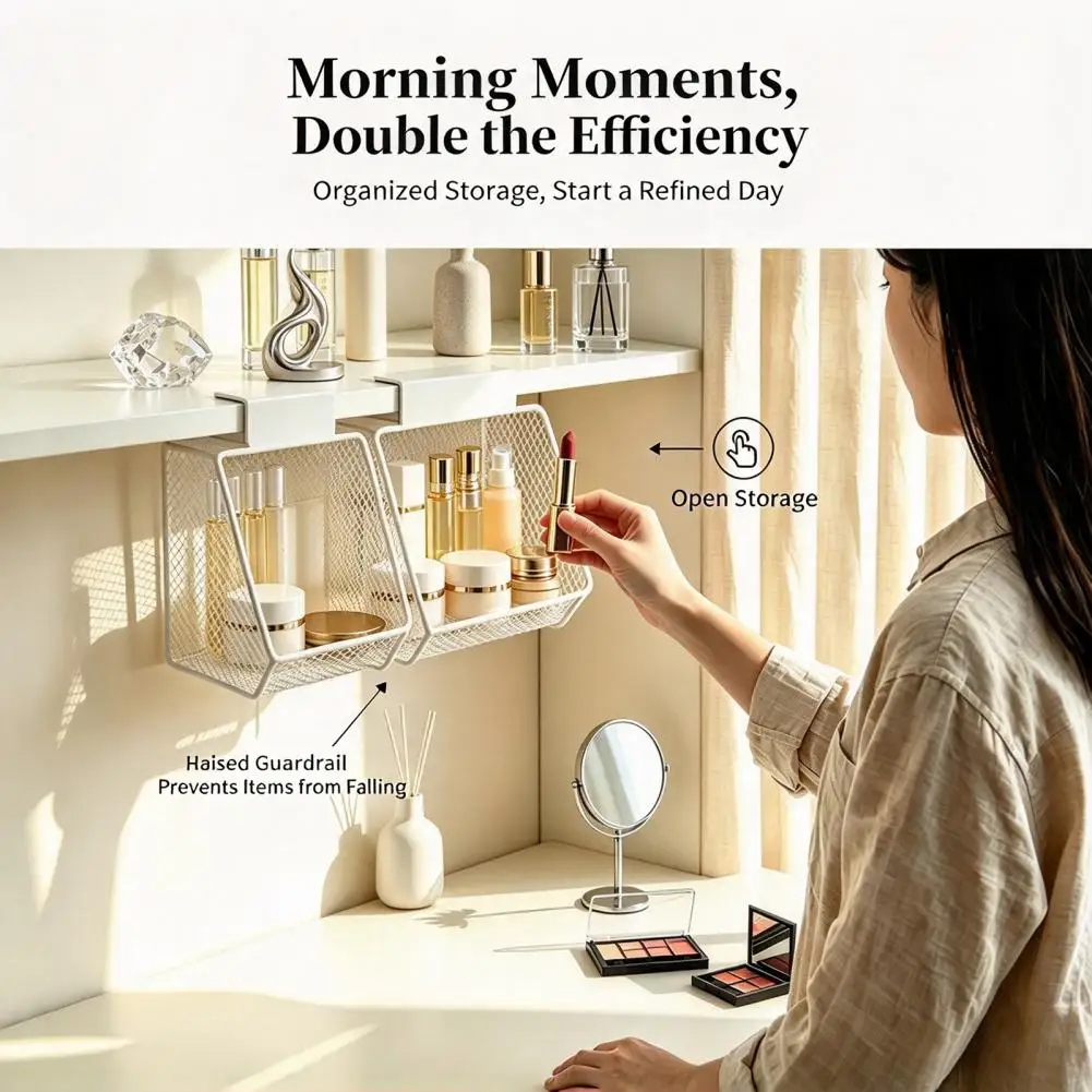 Desk Hanging Storage Rack Metal Mesh Hanging Organizer Desk Side Hanging Storage Basket Metal Mesh Clamp-on Organizer for Office