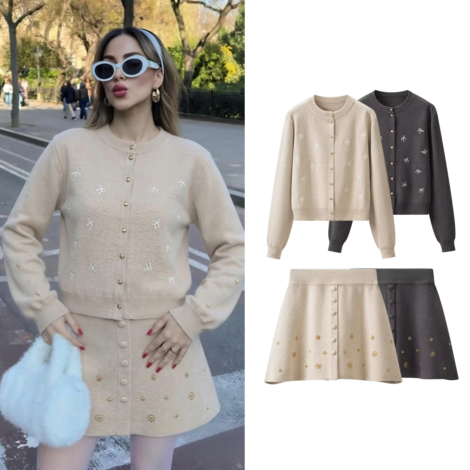 Women Nail Bead Knitted Skirt Sets Spring Autumn Female Chic Nail Bead Single Breasted Knitted Cardigan+Lady Casual Mini Skirts