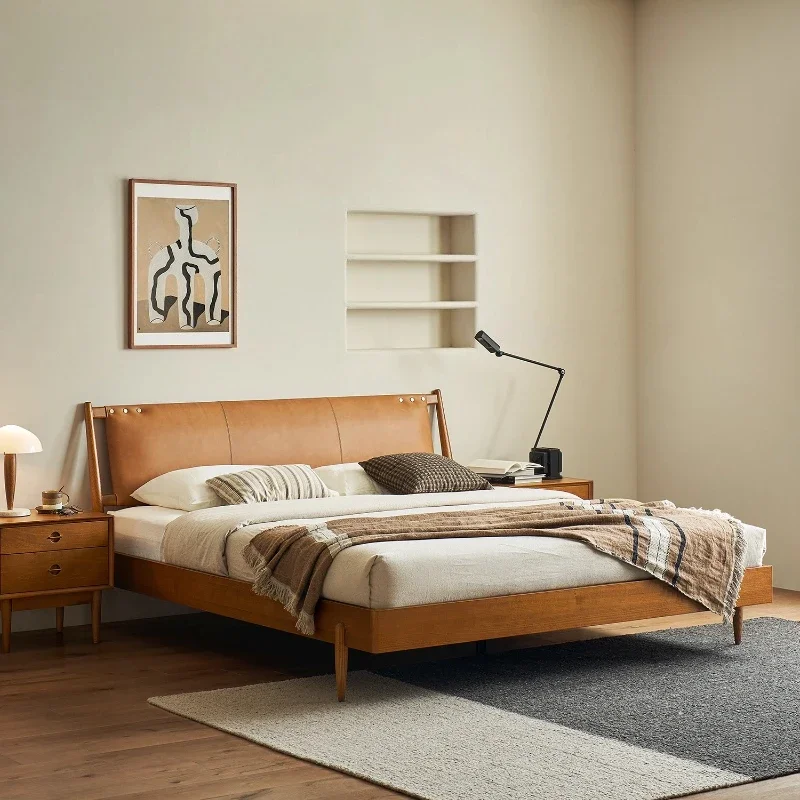 Nordic light luxury leather bed first layer cowhide medieval retro master bedroom bed 1.8 meters double bed solid wood