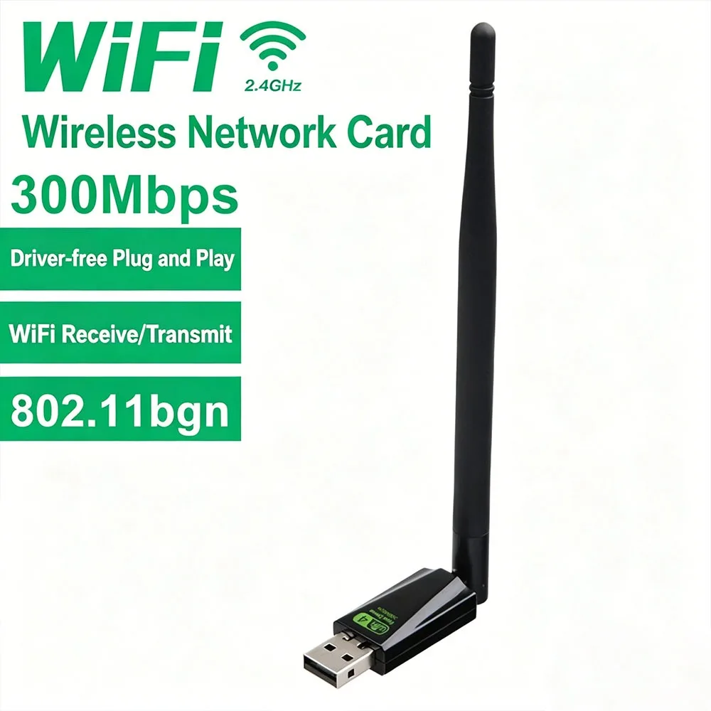 

300Mbps Driver Free USB WiFi Adapter 2.4GHz 5dBi High Gain Antenna 802.11n Wireless Network Card Receiver for Desktop Laptop PC