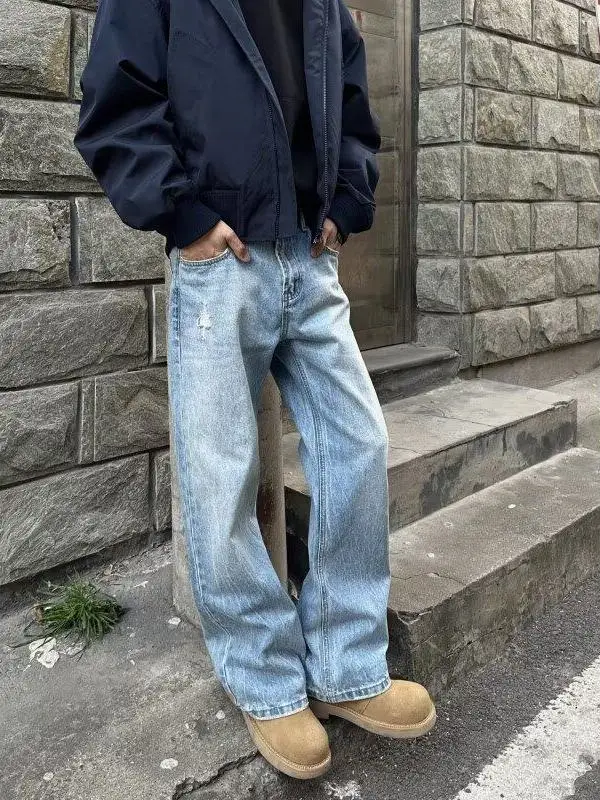 

Light Blue Lightning Cra Denim Jeans American High Street Waed Vintage Straight Knife Pants Vibe Sle Flared Trousers