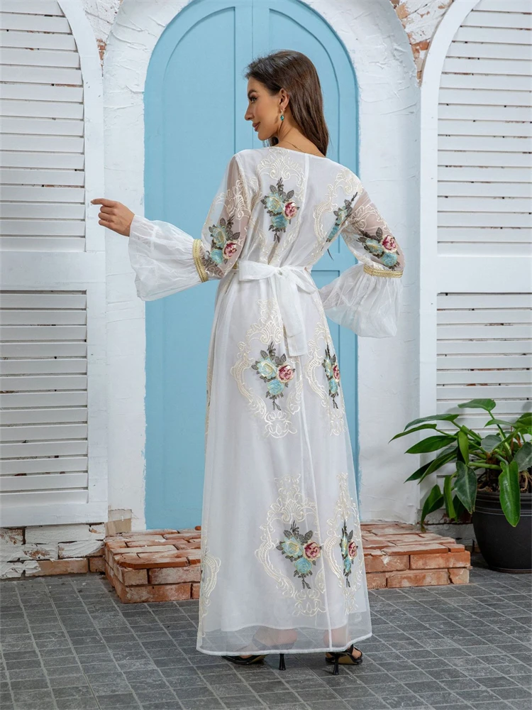 Robe musulmane pour femmes, Robe de soirée élégante brodée à col rond