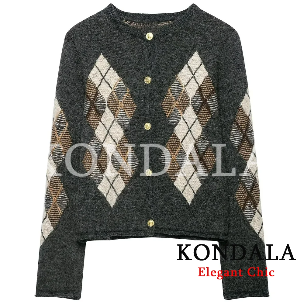 KONDALA Women Fall Casual Rhombus Knitted Cardigan Elegant Vintage Buttons O-Neck Tops 2026 Autumn Trendy Commute Chic Cardigan