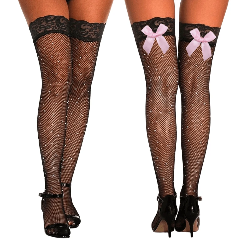 Sparkly Rhinestone Fishnet Thigh High Stockings for Women Sexy Underwear Plus Size Lace Stay Ups Stockings with Bowknot Hosiery