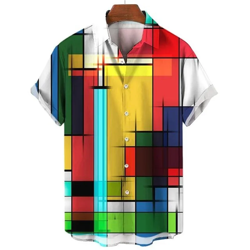 Men Colorful 3d Printed Plaid Shirt Hot Sale Causal Fashion Hawaiian Shirts Loose Short Sleeve Button Beach Blouse Male Clothing