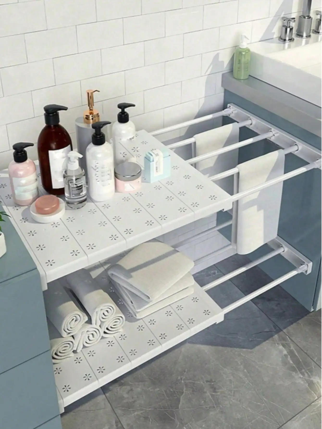 1 Pc Adjustable Closet Tension Shelf Modern White Plastic Metal No Drill Divider Rack Expandable Cabinet Storage Organizer Unit Heavy Duty Floating Shelf Holder For Wardrobe Shoe Rack Kitchen Under Sink Housewarming Gift view 3
