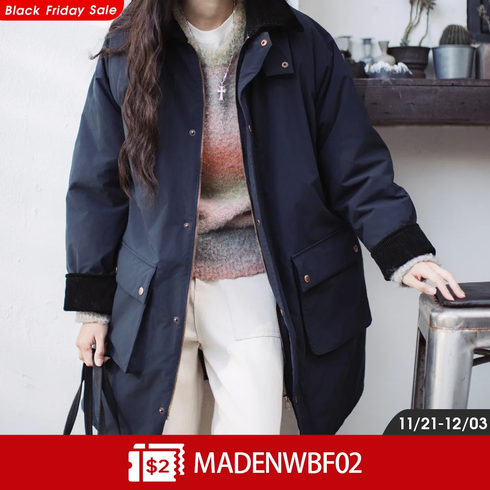 Maden-abrigo Retro de pana de longitud media con relleno de algodón, chaqueta cálida gruesa, Parka informal para mujer, prendas de vestir exteriores de invierno