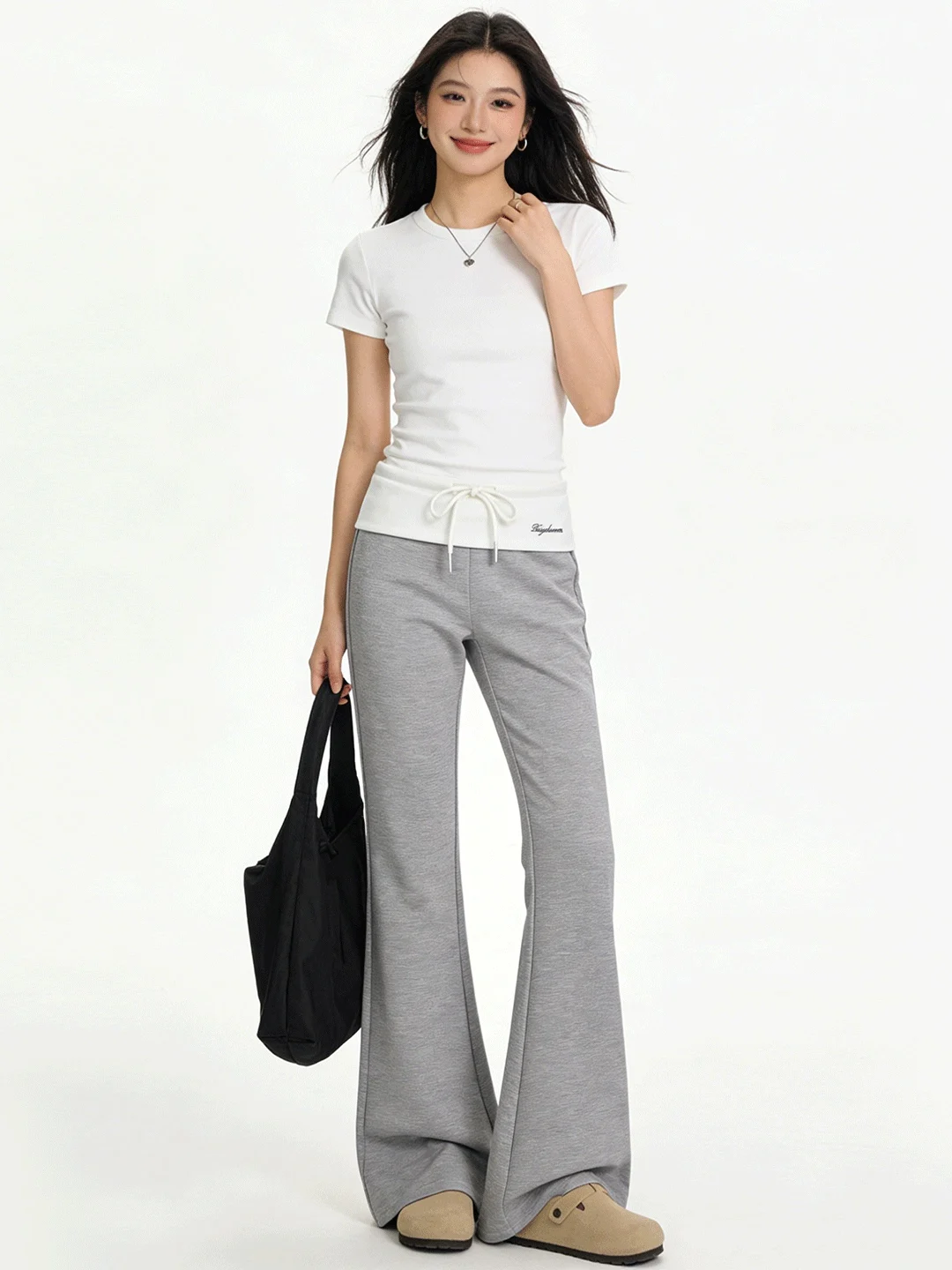 

Casual ey Flared Pants Low Waist Embroidered Splice Slimming Early Spring Women's Comfortable Breathable Loose Fit Trousers