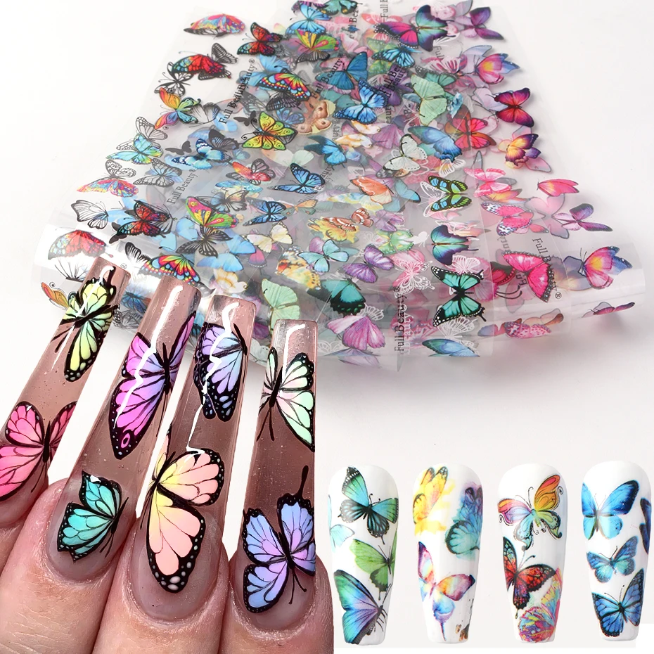10pcs Butterfly Nail Foils Transfer Stickers Pink Blue Butterflies Nail Art Decals Slider Decorations Manicure Full Wraps Tips