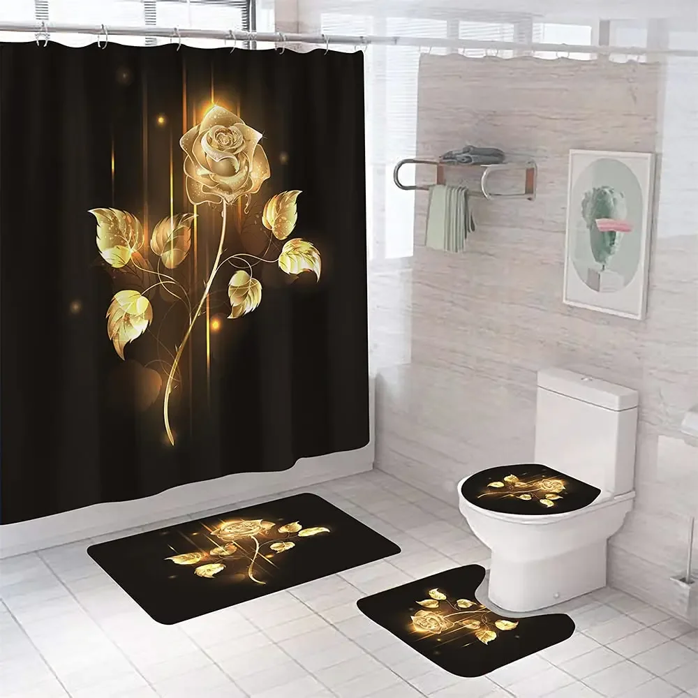 Gold Rose Black Bathroom Set Luxury Shower Curtain with Bath Mat Rug Carpet for Toilet Decor Accessories    4pcs