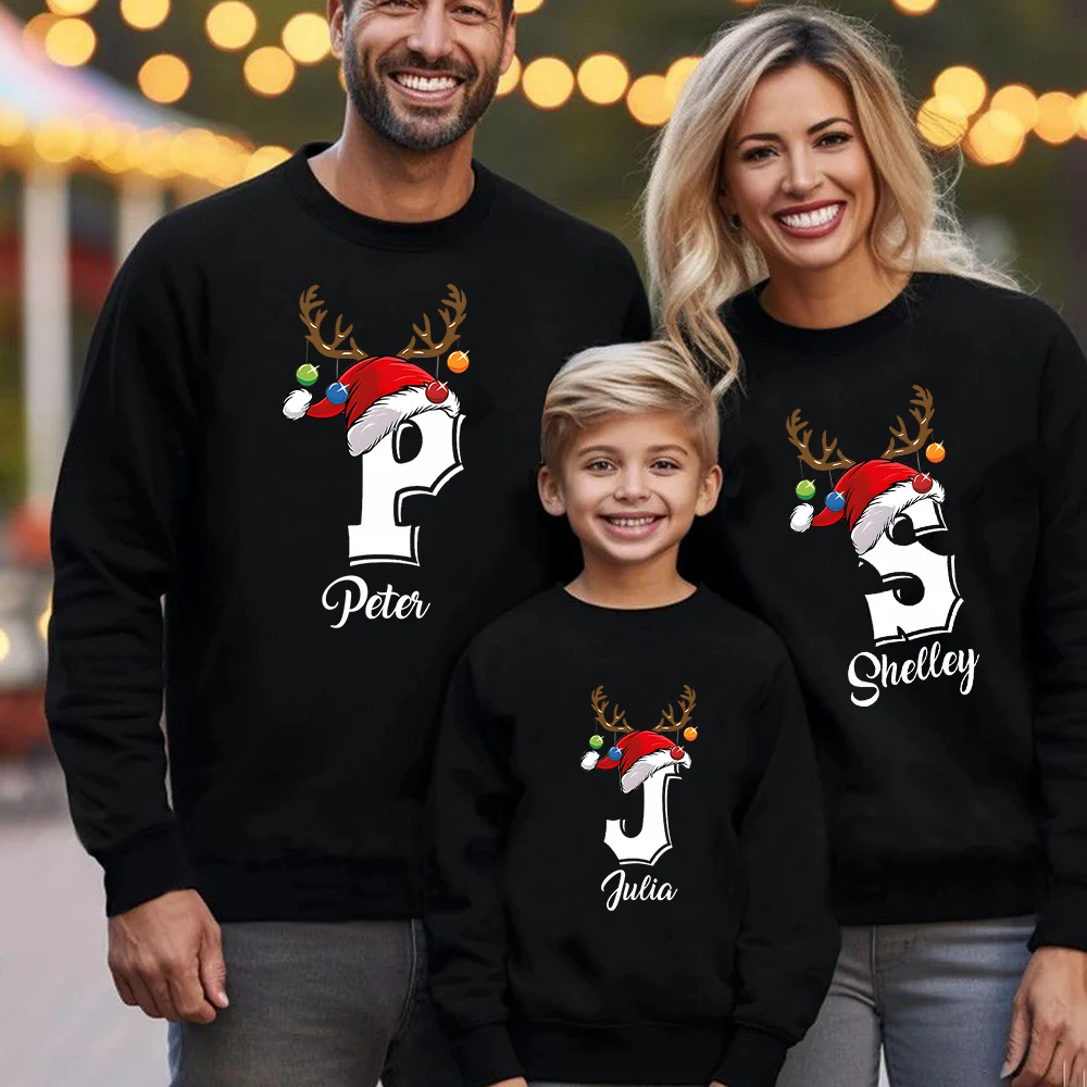 Personalized Family Christmas Sweatshirt Monogrammed Alphabet Sweatshirt Merry Christmas Long Sleeve Tops Family Holiday Clothes