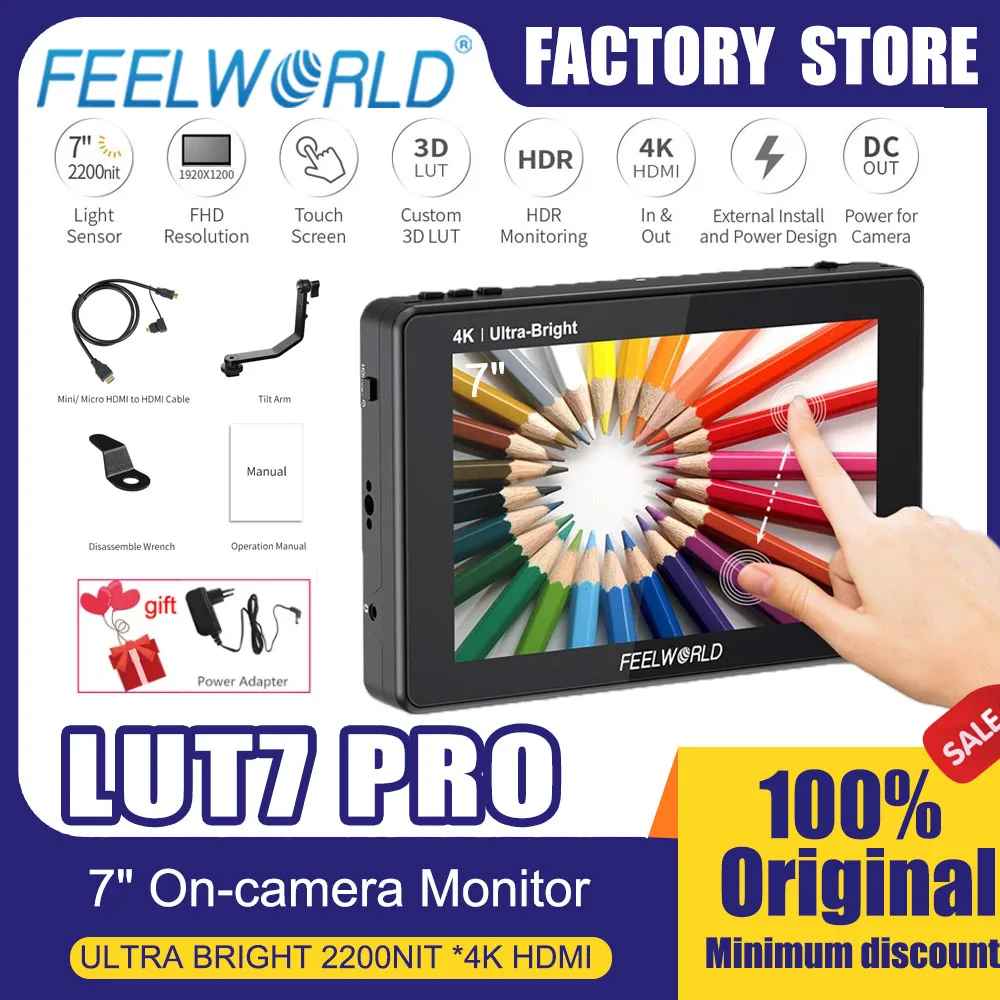 FEELWORLD 7-дюймовый полевой монитор IPS LUT7 PRO DSLR 4K HDMI 3D LUT 2200 нит 1080P HD для HDMI для Nikon Sony Canon Photo Studio