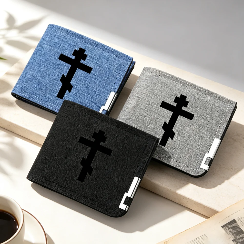 Men Canvas Fabric Short Bifold Wallet Orthodox Cross Print Zipper Coin Pocket Cash Credit Card Holder Portable Religious wallet