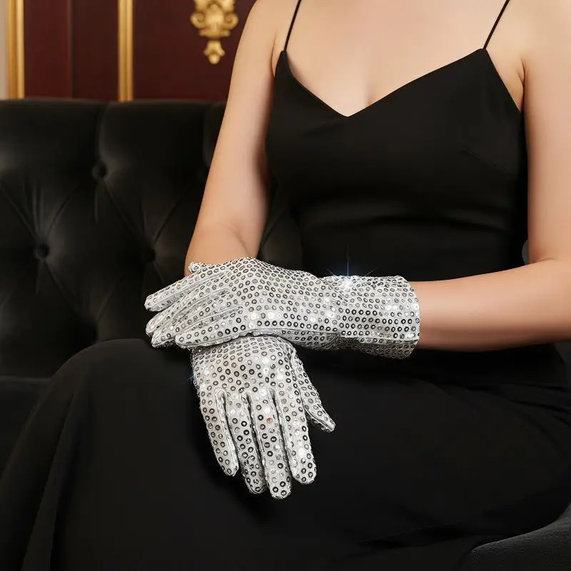 1 Paar glitzernde Tanzkostüm-Accessoires, silberfarbene, glänzende Netzhandschuhe für Bühnenauftritte, Partys, Halloween-Kostüme, Cosplay, Damen. – Detail 10