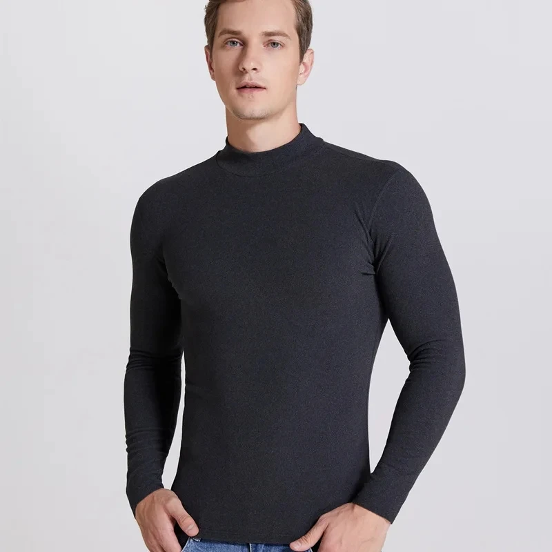 Autumn Winter Men's High Neck T-shirt Slim Fit Fashion High Elastic Long Sleeve Cotton Casual Breathable Apparel Pullover