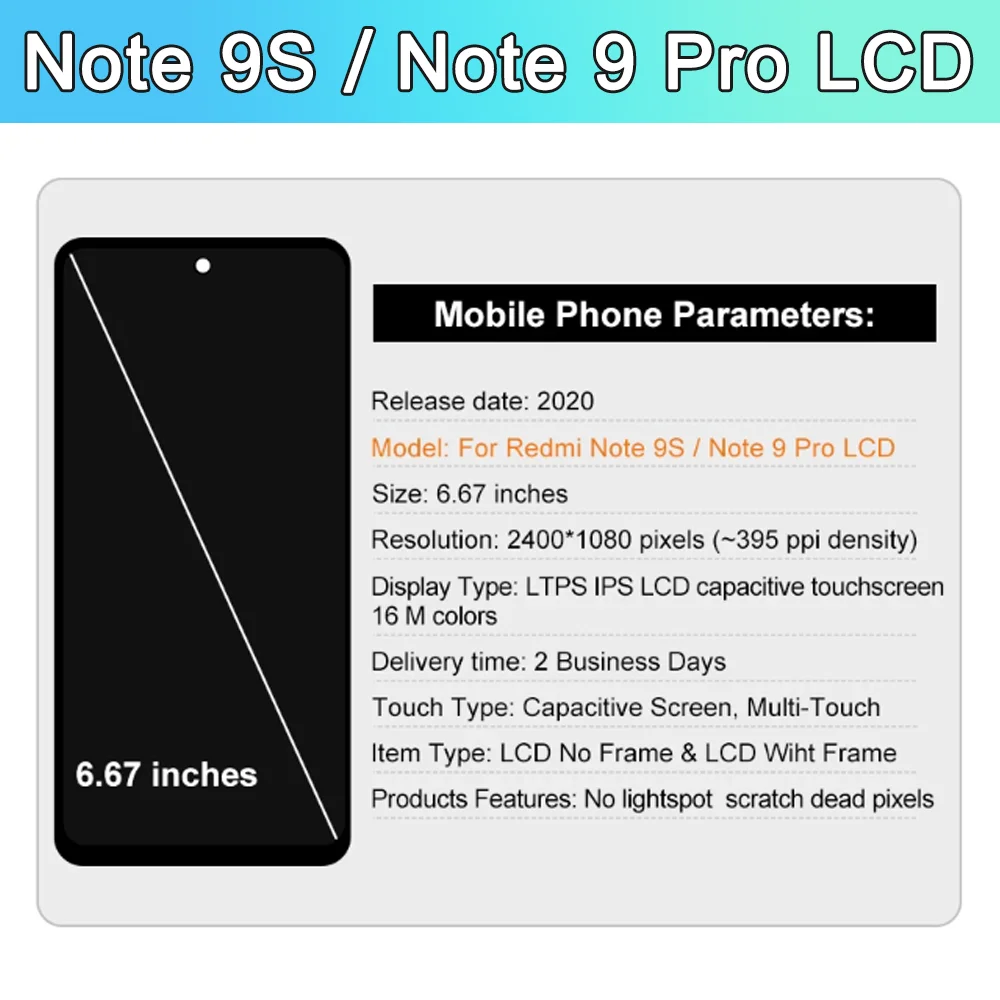 Écran tactile LCD numérique de remplacement avec cadre, 6.67 pouces, pour Xiaomi Redmi Note 9S M2003J6A1G
