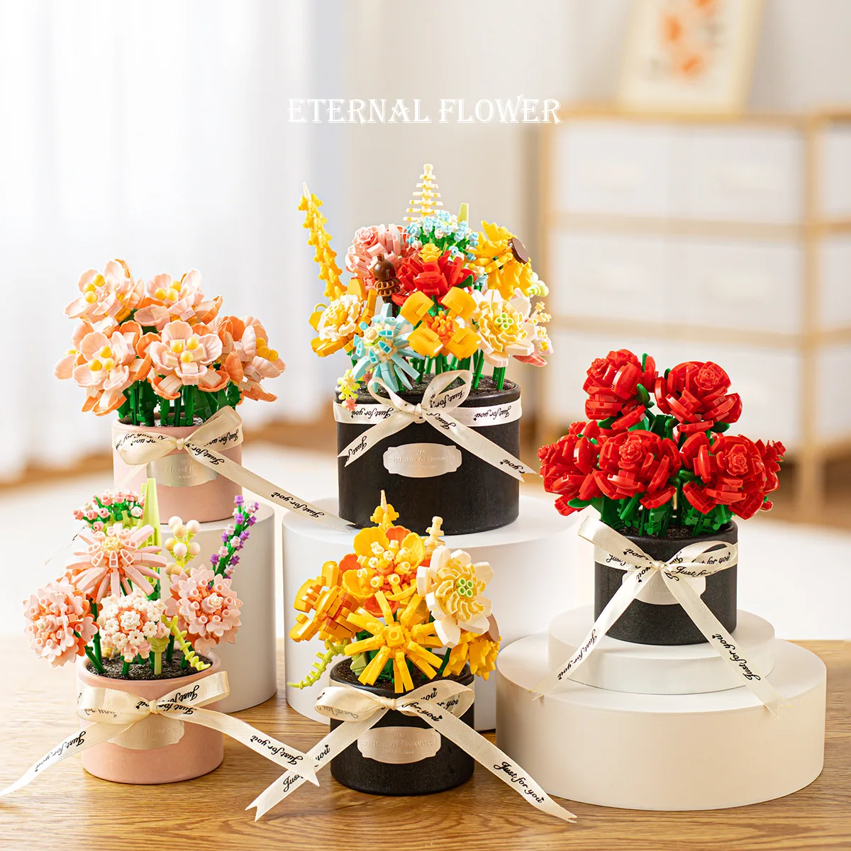 

MOC Pink Carnation Red Rose Flower Tube Basket Building Blocks Set Romantic Decor Tree Toys For Children Birthday Holiday Gifts