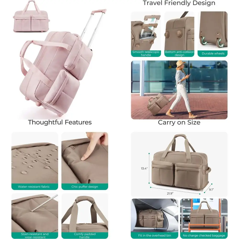

42L Rolling Duffle Bag for Travel - Carry-On Luggage with Wheels, Wet Pocket, Portable and Versatile