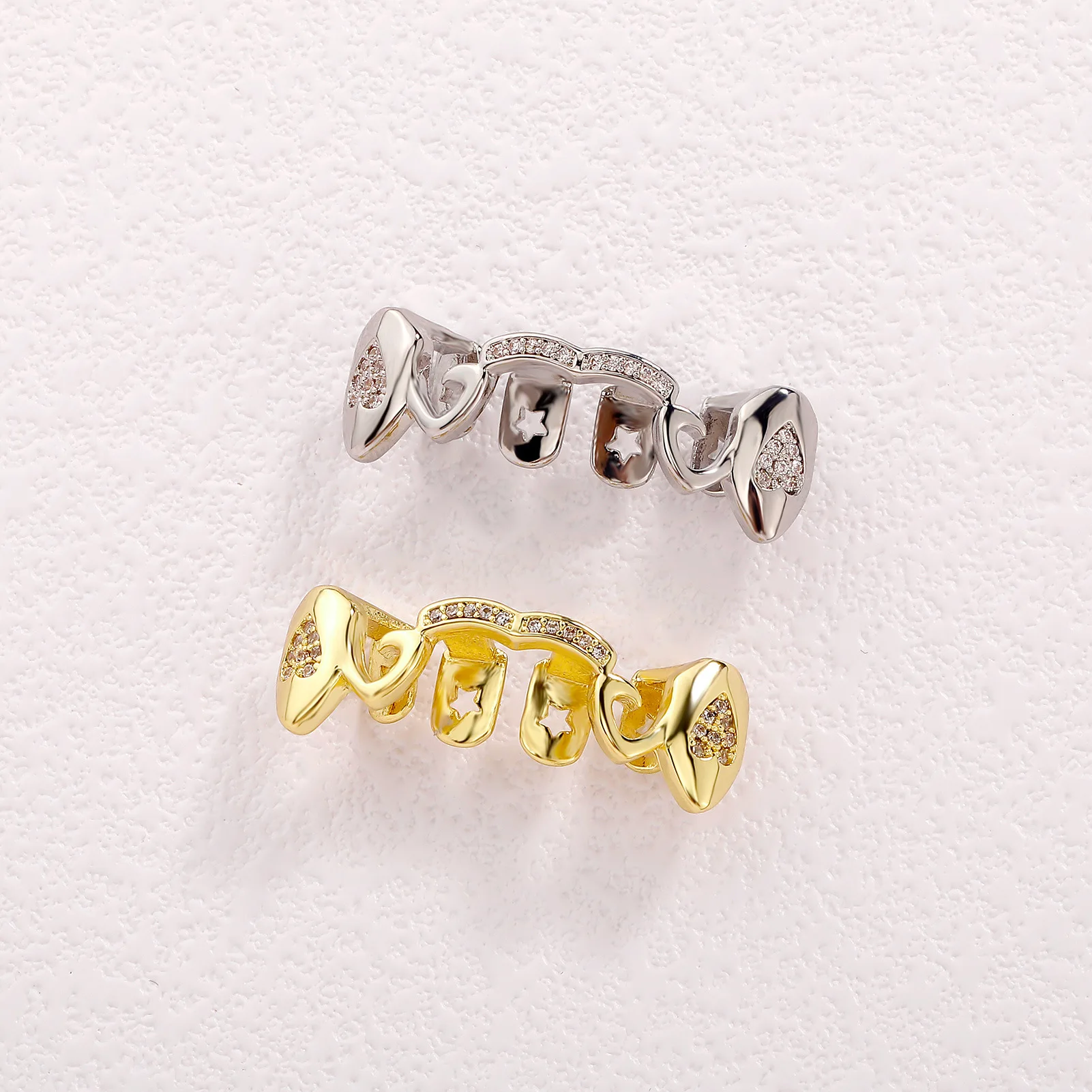 Hollow Design Grillz Teeth Jewelry CZ Bling Gold Silver Tone Hip Hop Mouth Accessory Streetwear Fashion Party Gift Wholesale