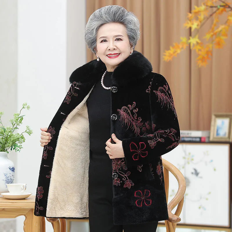 Old People Winter Woolen Jacket Long Coat 5XL Women\'s Warm Outerwear Grandma Thicken Sheep Shearing Fur Coats W1764