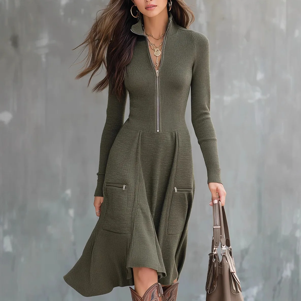 

2026 European And American Women's Clothing, Independent Website, Amazon, Solid Color, Zipper Pocket, Sleeve, Waist-Cinching,