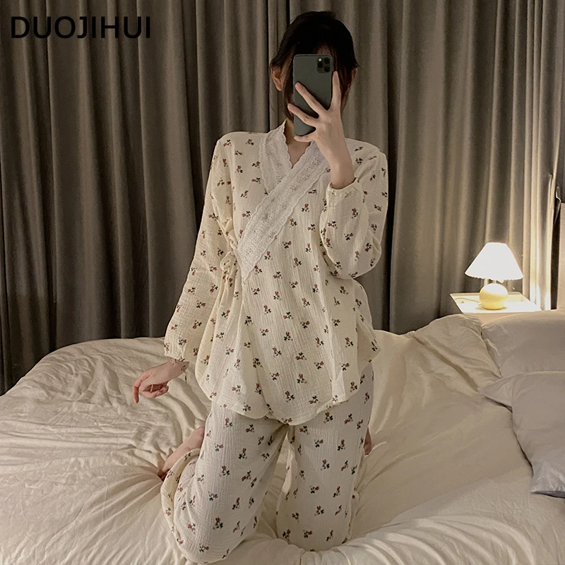 DUOJIHUI Japan Sweet Autumn New Female Pajamas Set Chic Pace-up Fashion Printing Loose Simple Soft Casual Home Pajamas for Women