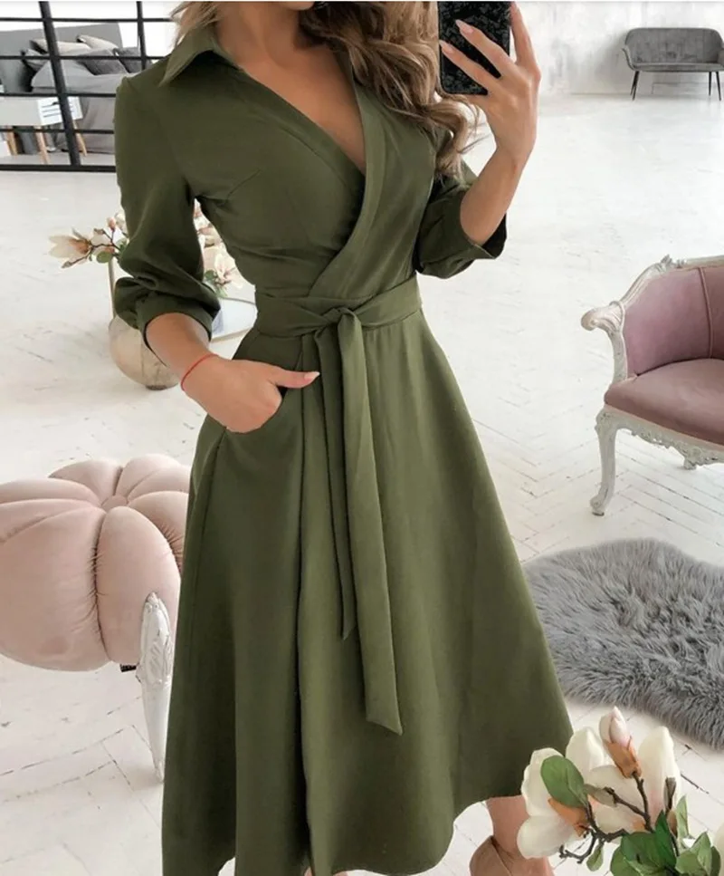 2024 Women\'s Spring/Summer Leisure Solid Color Fashion Long sleeved V-neck Printed Wrapped Hip Dress