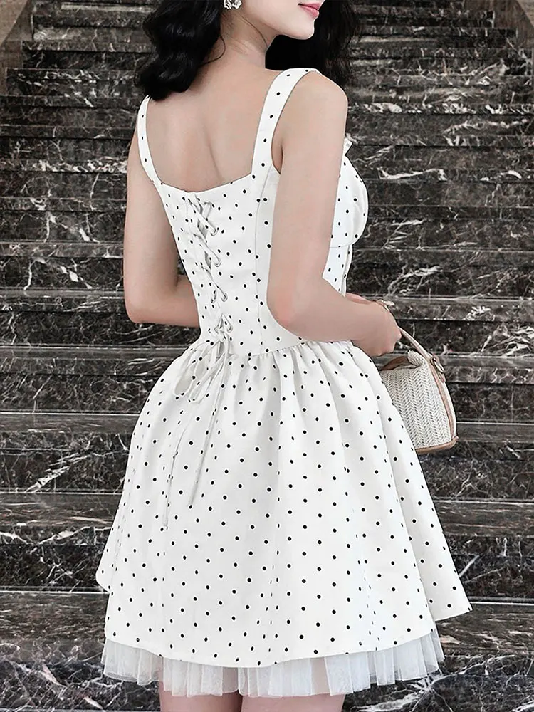 女性 A ラインドレス夏の新しいストリートファッションドットプリントタンクスリーブレースアップドレスカジュアルスリムセクシーな女性の背中の開いたドレス