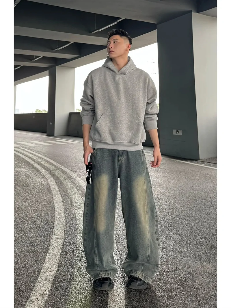 

Мужские джинсы прямого кроя American High Street Cleanfit Rustic Sle, осенне-зимние брюки, модный эффект потертости, деним с эффектом состаривания