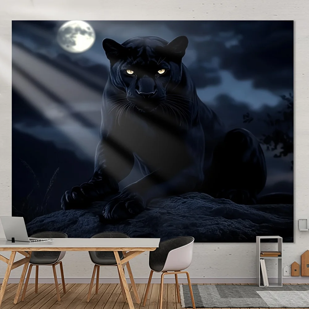 Dramatic Full Moonlit Black Panther Portrait Wall Tapestry for Living Room or Bedroom Decor