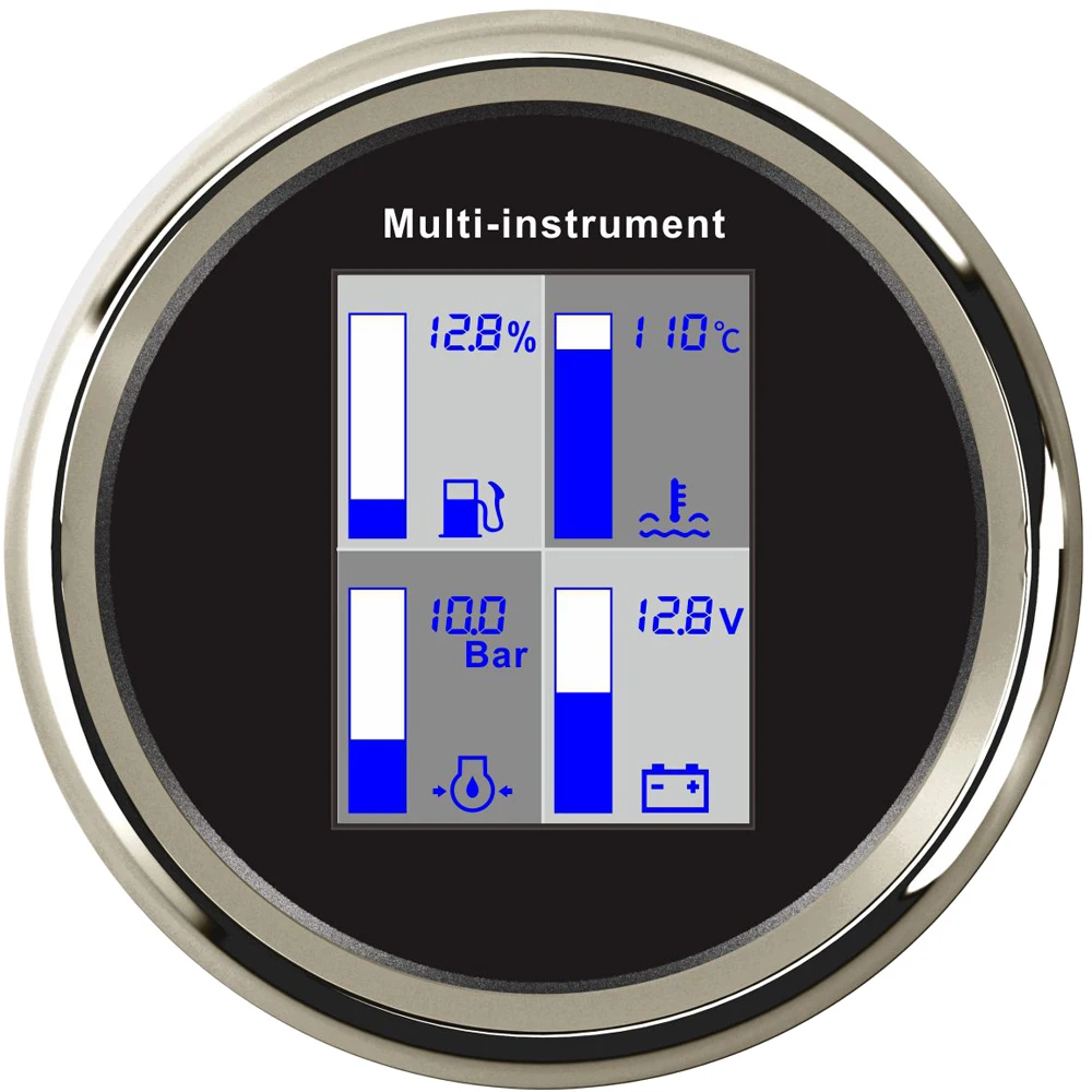 85mm 4 in 1 Multi-functional Gauge Water Temperature Fuel Level Voltmeter Oil Pressure with Alarm for Auto Boat Motorcycle 9-32V