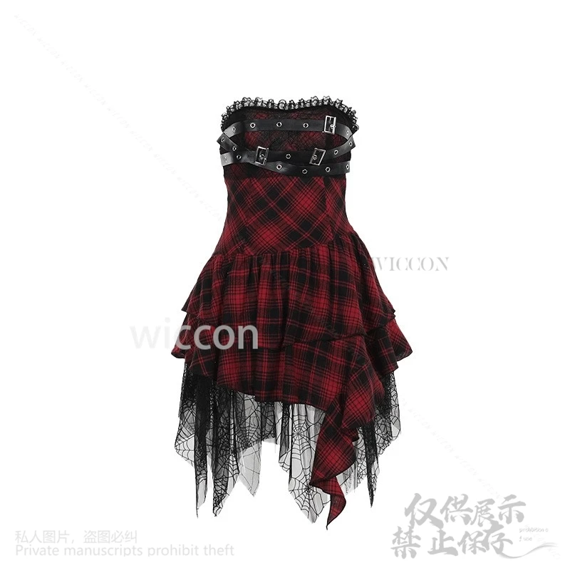 애니메이션 고스 코스프레 할로윈 세트, 레드 격자 로리타 원피스, 블랙 글러브 튜브 원피스 코스튬, 여자 할로윈 파티, 2024