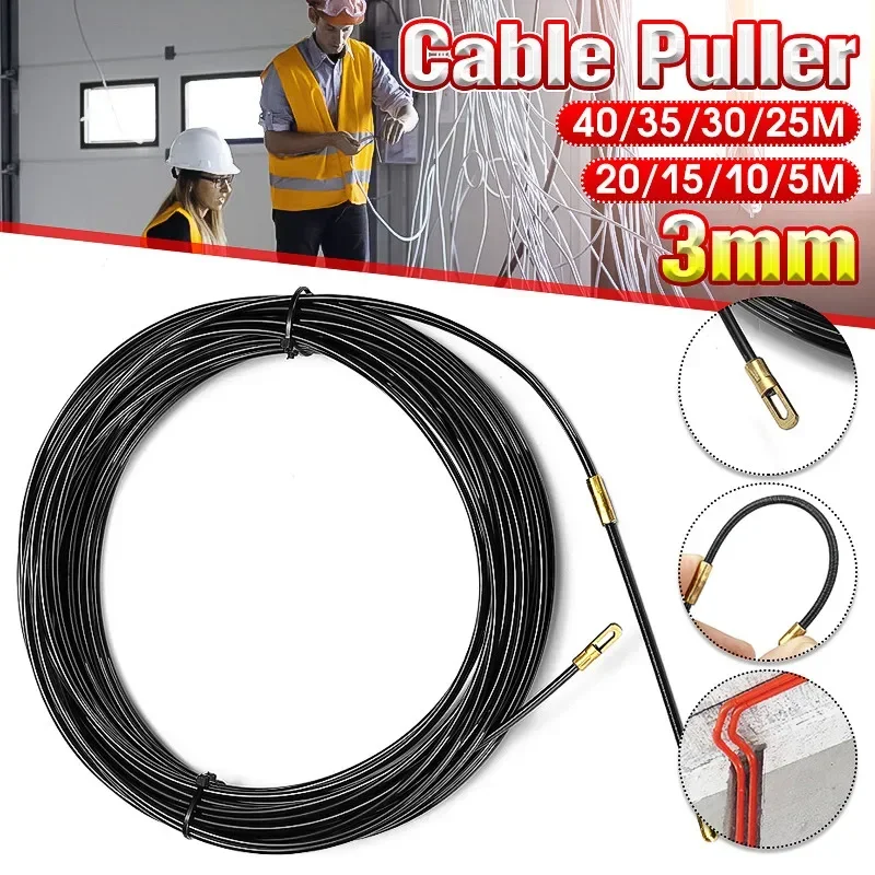 3mm 5/10/15/20/25/30/35/40m cabo push extrator de fibra de vidro preto dispositivo guia elétrico duto rodder peixe fita parede fio conduíte