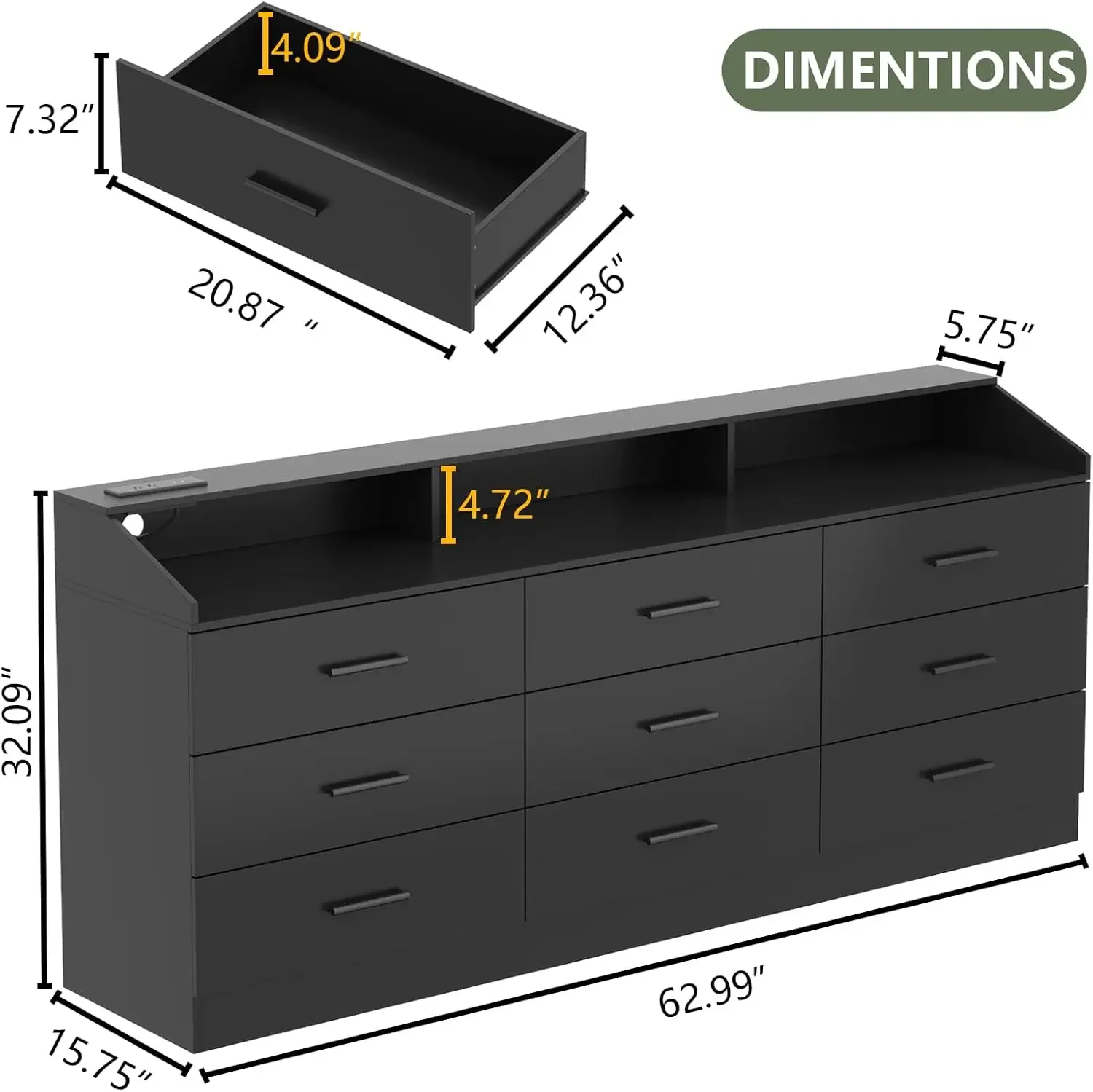 9 Drawer Dresser with Power Outlet, Modern Chest with LED Light, Open Storage Cubby, Organizer for Bedroom & Entryway (Black)