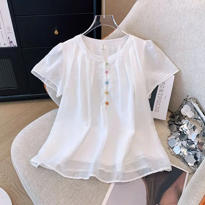 Summer Style Dopamine Round Neck Doll Shirt Sweet Fashion Black Fungus Border Lace Temperament Solid Color Short Sleeved Top