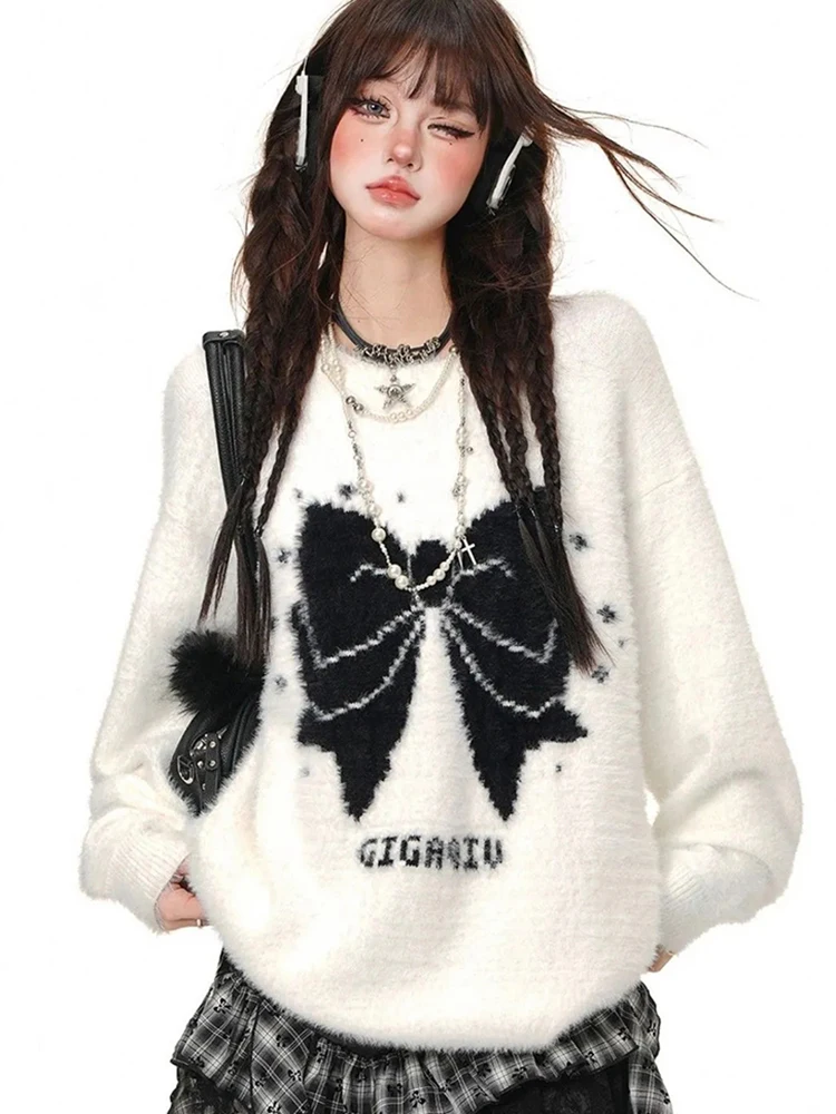 

Jmprs Japan Kawaii Bow Sweaters Women Lazy Wind Faux Mink Cashmere Knitted Pullovers Fall Vintage Soft Preppy Style Sweet Tops