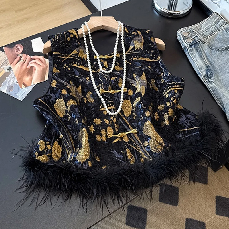 Vintage Classic Cheongsam Waistcoat Chinese Style Qipao Vest Luxury Embroidery Ostrich Feathers Tang Style Top Jacket