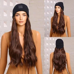 Blond Unicorn Hat wigs Cap with Hair Hat Wig Brown Body Wavy Wig Connect Synthetic Hair Women Daily Party High Temperature