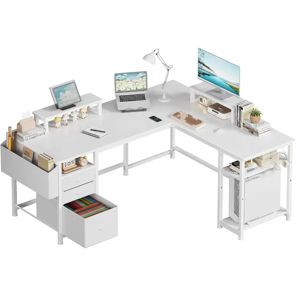 Large L Shaped Computer Desk with Fabric File Drawers Cabinet, 66 Inch Home Office Desks with Filing Cabinet and Storage Shelve