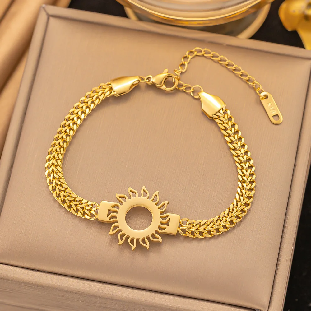 1pc Fashion Versatile Round Card Sun Chain Braid Simple Stainless Steel Gold Color Bracelet Woman Party Prom