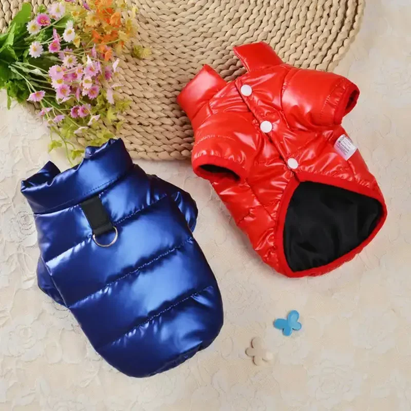 Ropa gruesa de invierno para cachorros, Chaqueta de algodón de cuero PU brillante para perros, abrigo impermeable para mascotas pequeñas, traje de