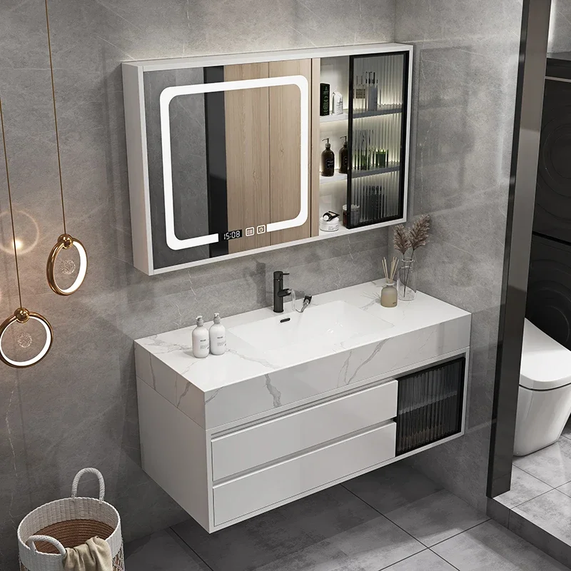 2024 Bathroom Cabinet Seamless Ceramic Basin Slate Panel Cabinet Modern Minimalist Vanity Intelligent Mirror Cabinet