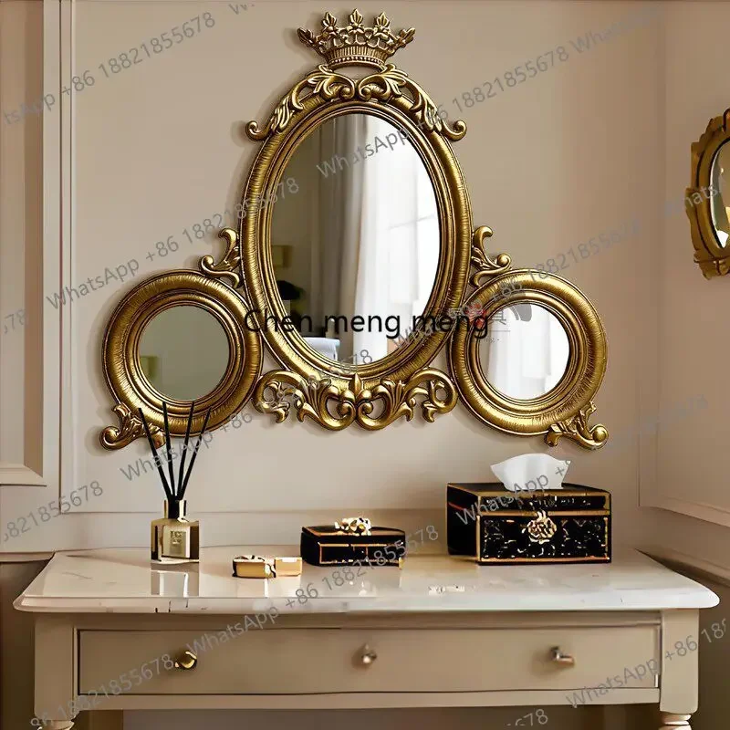 M132 European-style bedroom wall-mounted makeup mirror bedroom creative carved three-sided mirror retro decorative mirror